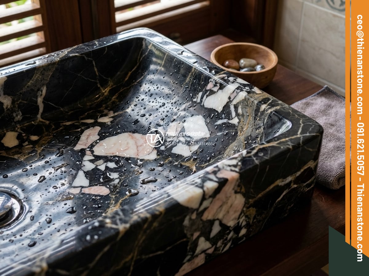 Lavabo đá da báo đỏ tròn phình 42cm (420x420x150mm) - Hình 18 Lavabo đá da báo đỏ tròn phình 42cm (420x420x150mm) - Professional aftercare scene showing the lavabo stone surface looking brand new