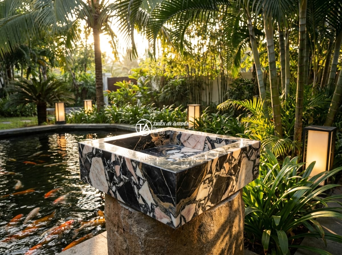 Lavabo đá da báo đỏ vuông 42cm (420x420x150mm) - Cinematic wide-angle shot of a luxurious villa garden at golden hour, featuring