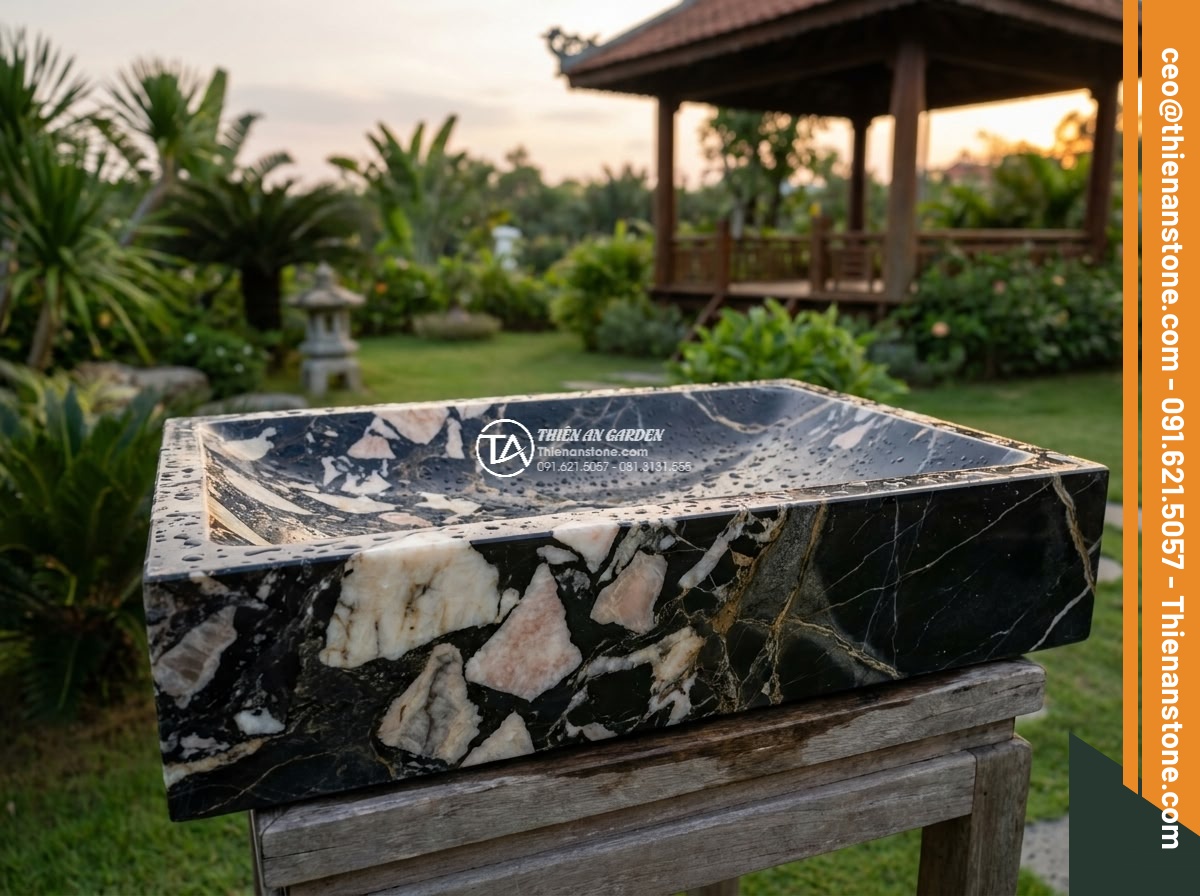 Lavabo đá da báo đỏ vuông 42cm (420x420x150mm)