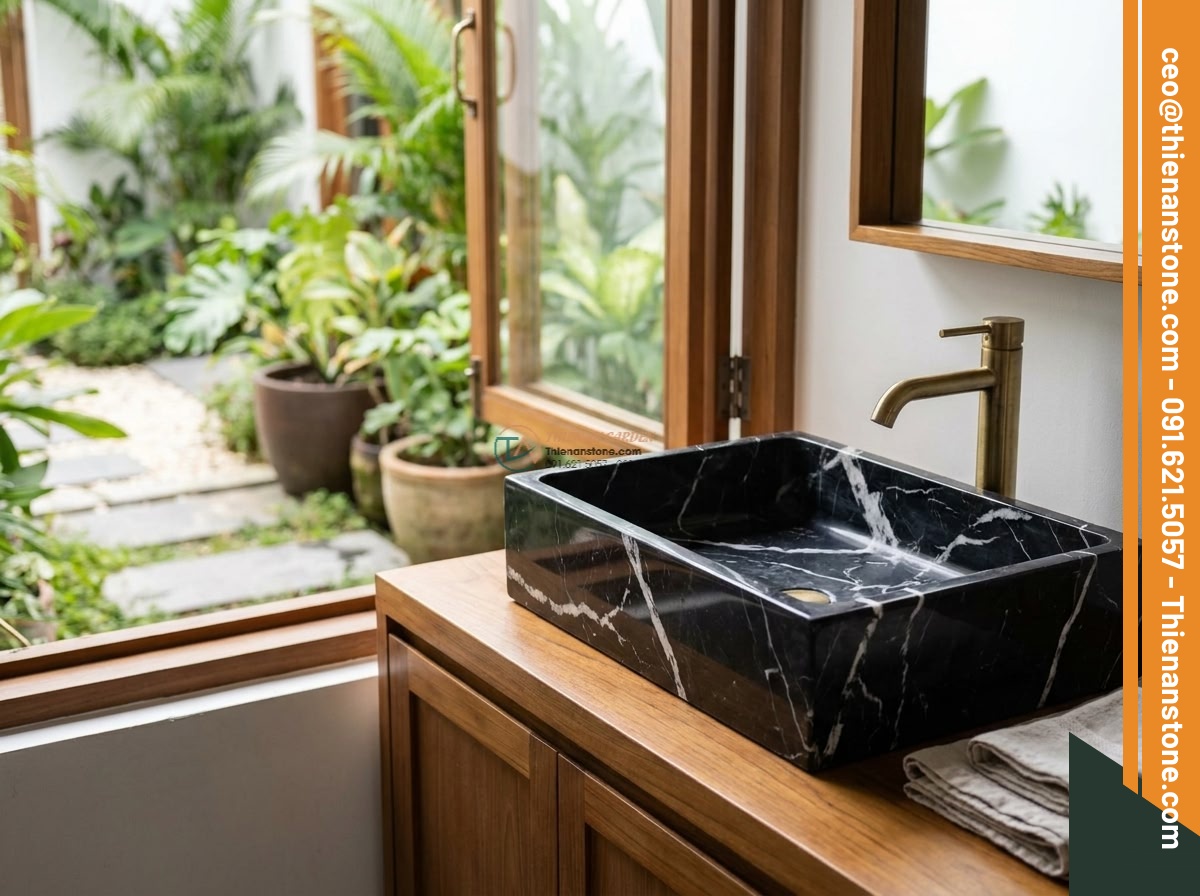 Lavabo đá đen tia chớp chữ nhật 42cm (420x350x140mm)