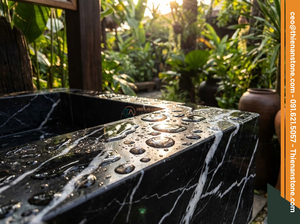 Lavabo đá đen tia chớp góc (400x400x150mm)