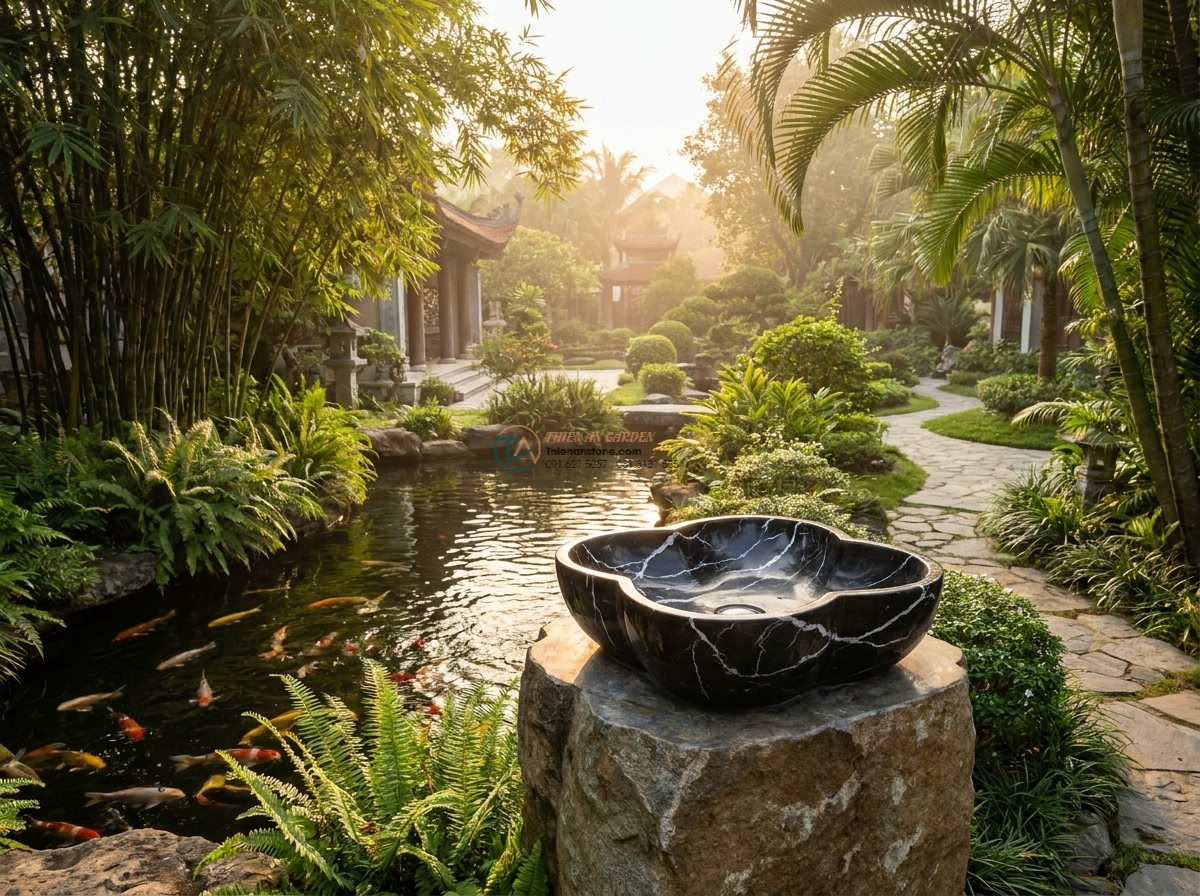 Lavabo đá đen tia chớp hình bông hoa (400x400x150mm) - Wide establishing shot of a luxurious villa garden at sunrise featuring the blac