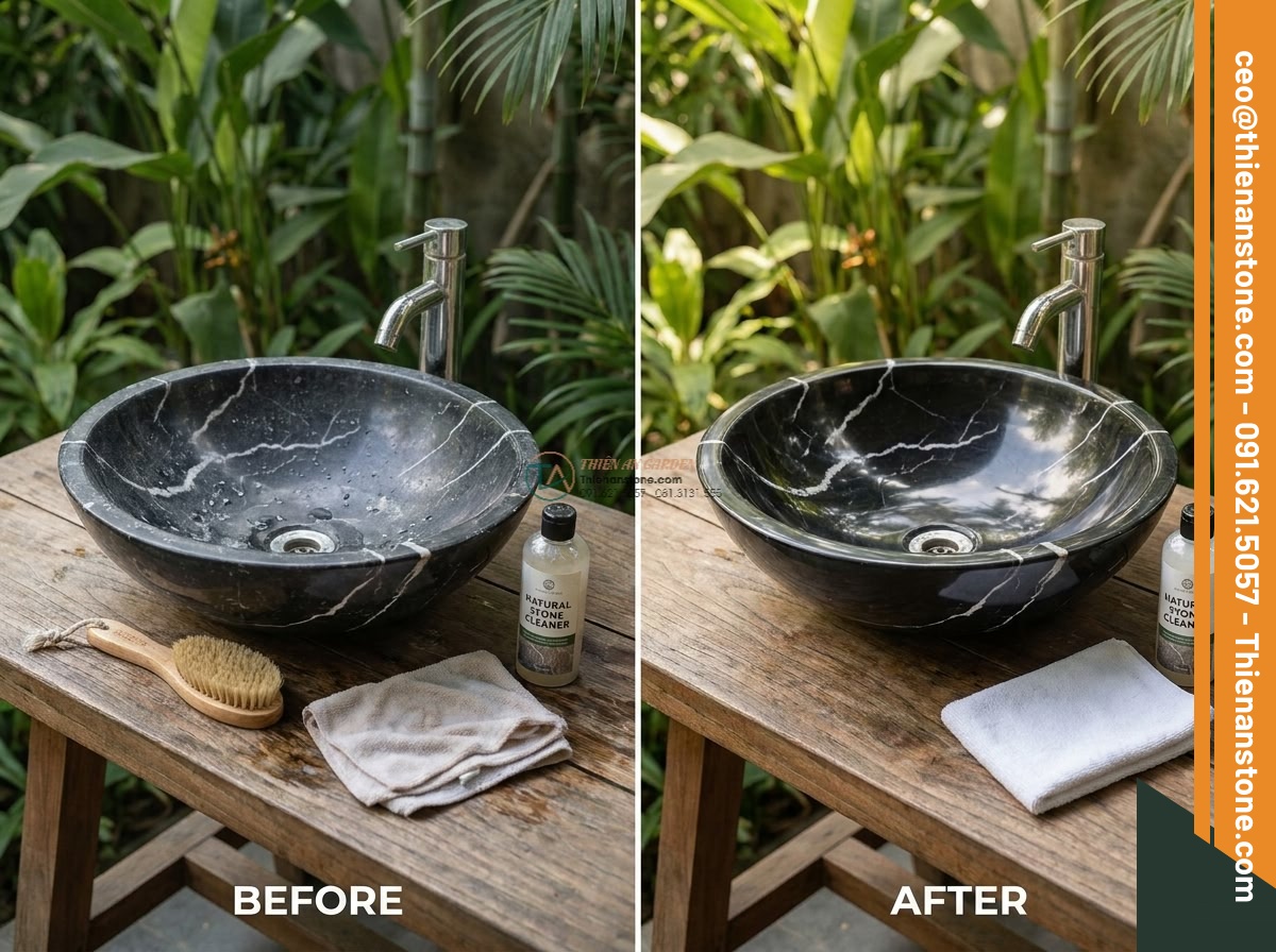Lavabo đá đen tia chớp hình bông hoa (400x400x150mm)