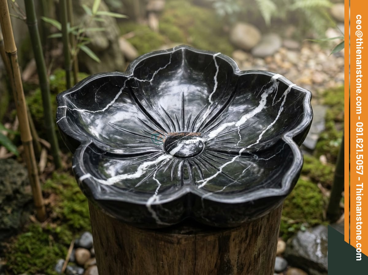 Lavabo đá đen tia chớp hình bông hoa (400x400x150mm)