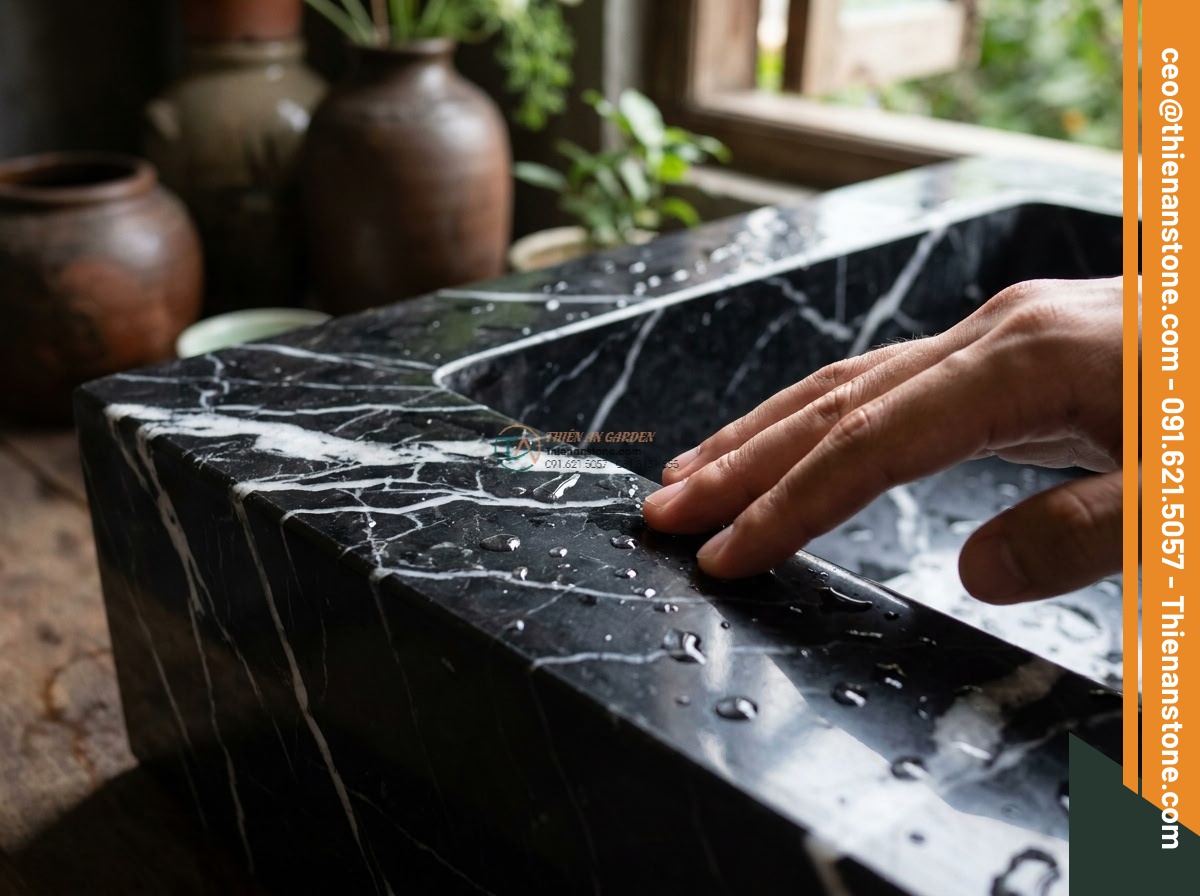 Lavabo đá đen tia chớp hình bông hoa (400x400x150mm)