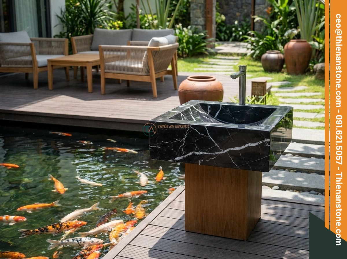 Lavabo đá đen tia chớp hình bông hoa (400x400x150mm)