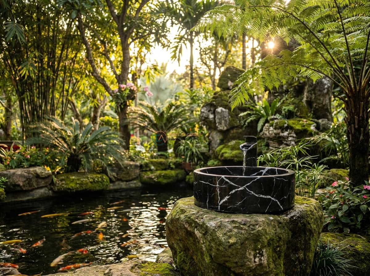 Lavabo đá đen tia chớp hình trụ nông cao 15cm (400x400x150mm) - Wide angle cinematic view of a luxurious Vietnamese villa garden at golden hour,