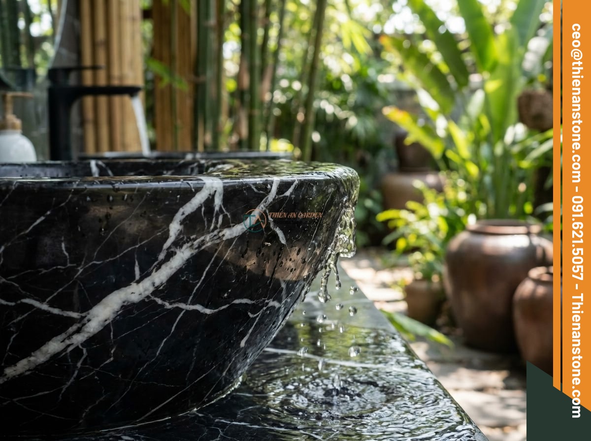 Lavabo đá đen tia chớp hình trụ nông cao 15cm (400x400x150mm)
