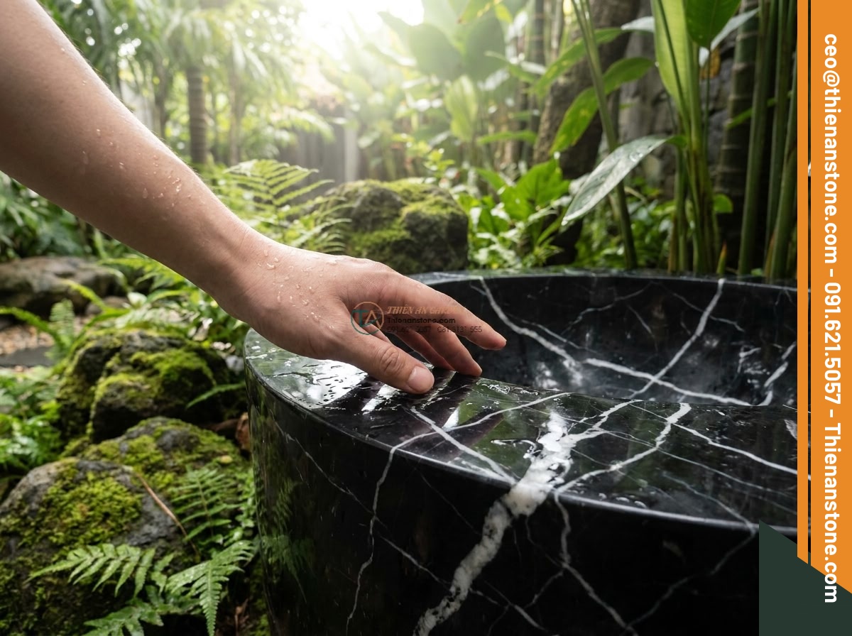 Lavabo đá đen tia chớp hình trụ nông cao 15cm (400x400x150mm)