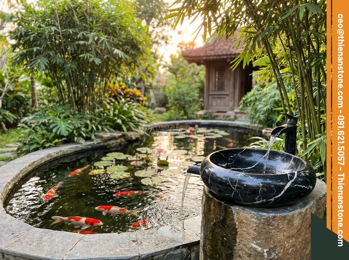 Lavabo đá đen tia chớp hình trụ nông cao 15cm (400x400x150mm)