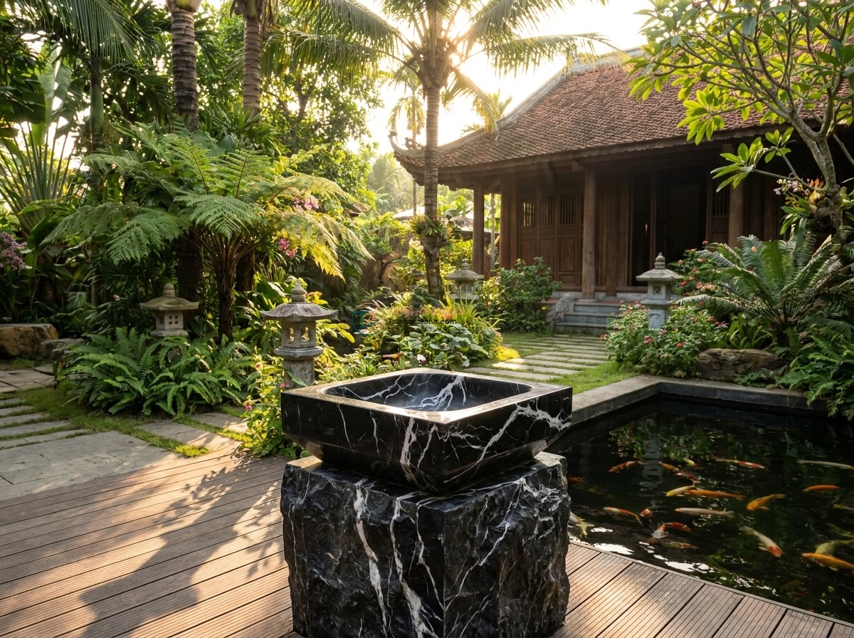 Lavabo đá đen tia chớp hình vuông bo cạnh 42cm (420x420x150mm) - Wide cinematic shot of a luxurious Vietnamese villa garden at golden hour, elega