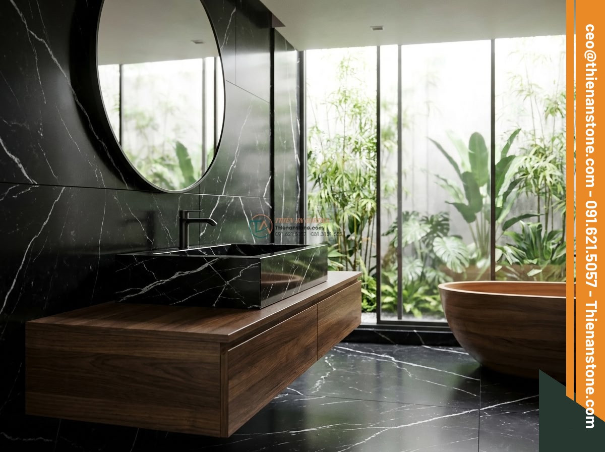 Lavabo đá đen tia chớp hình vuông bo cạnh 42cm (420x420x150mm) - Hình 6 Lavabo đá đen tia chớp hình vuông bo cạnh 42cm (420x420x150mm) - Interior luxury bathroom scene featuring the black square stone basin with light