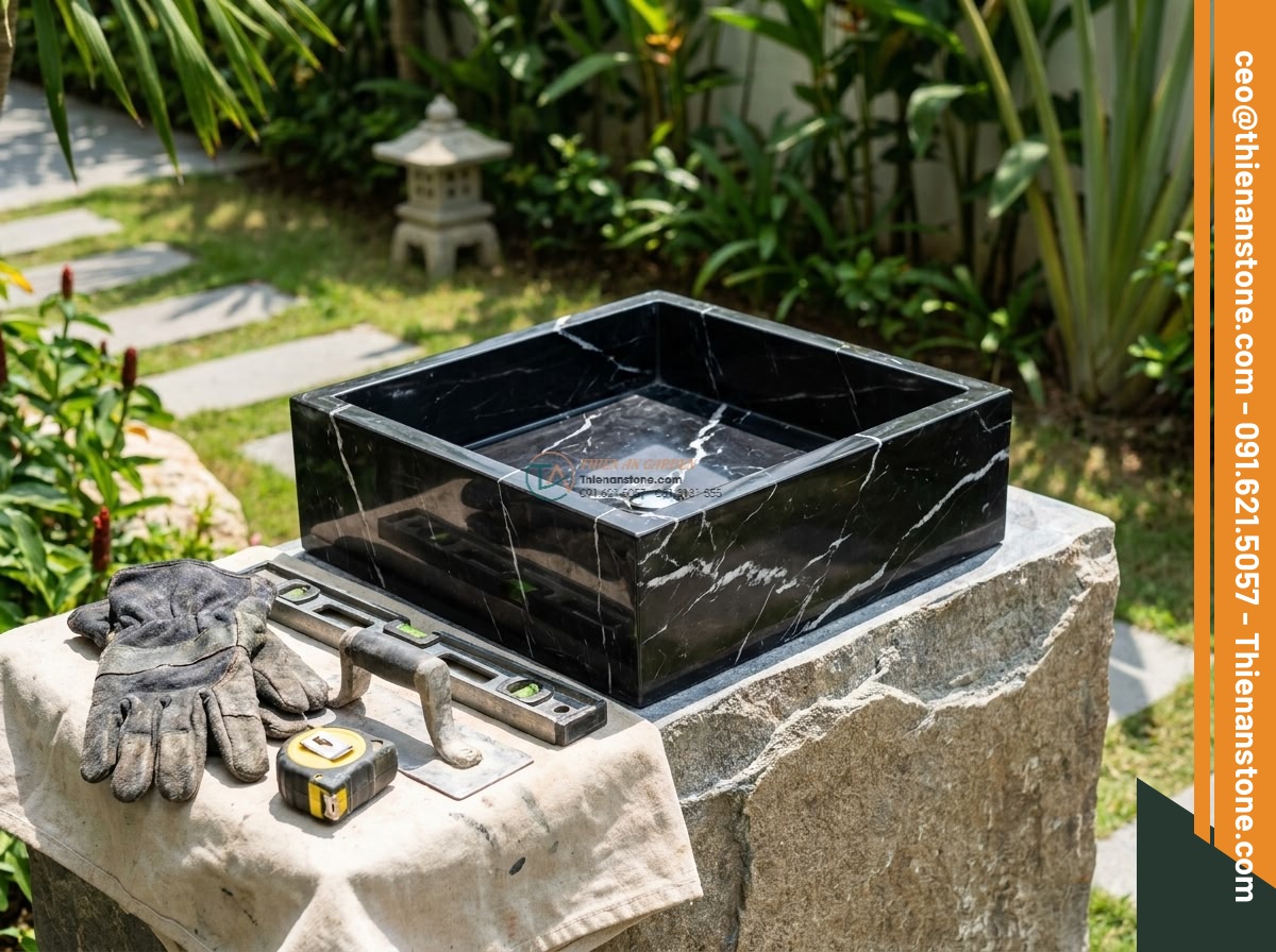 Lavabo đá đen tia chớp hình vuông vát cạnh (400x400x150mm)