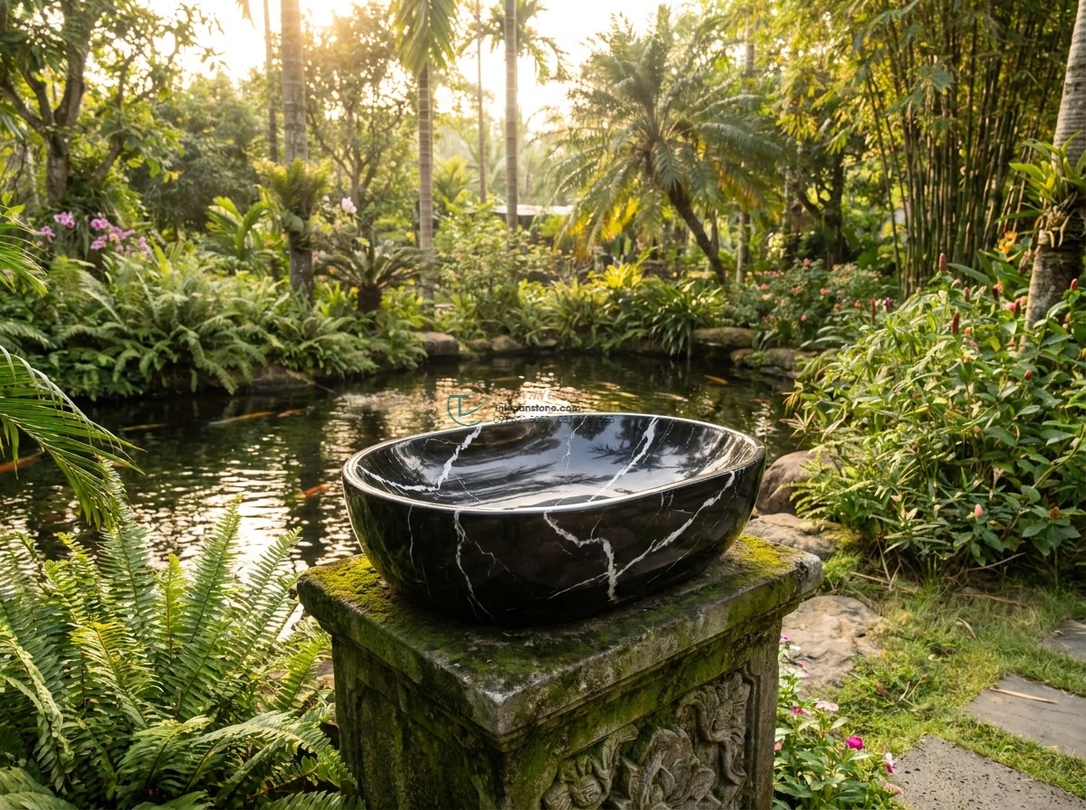 Lavabo đá đen tia chớp Oval dài 48cm (480x380x150mm) - Wide angle view of a luxurious Vietnamese garden at golden hour featuring an ova