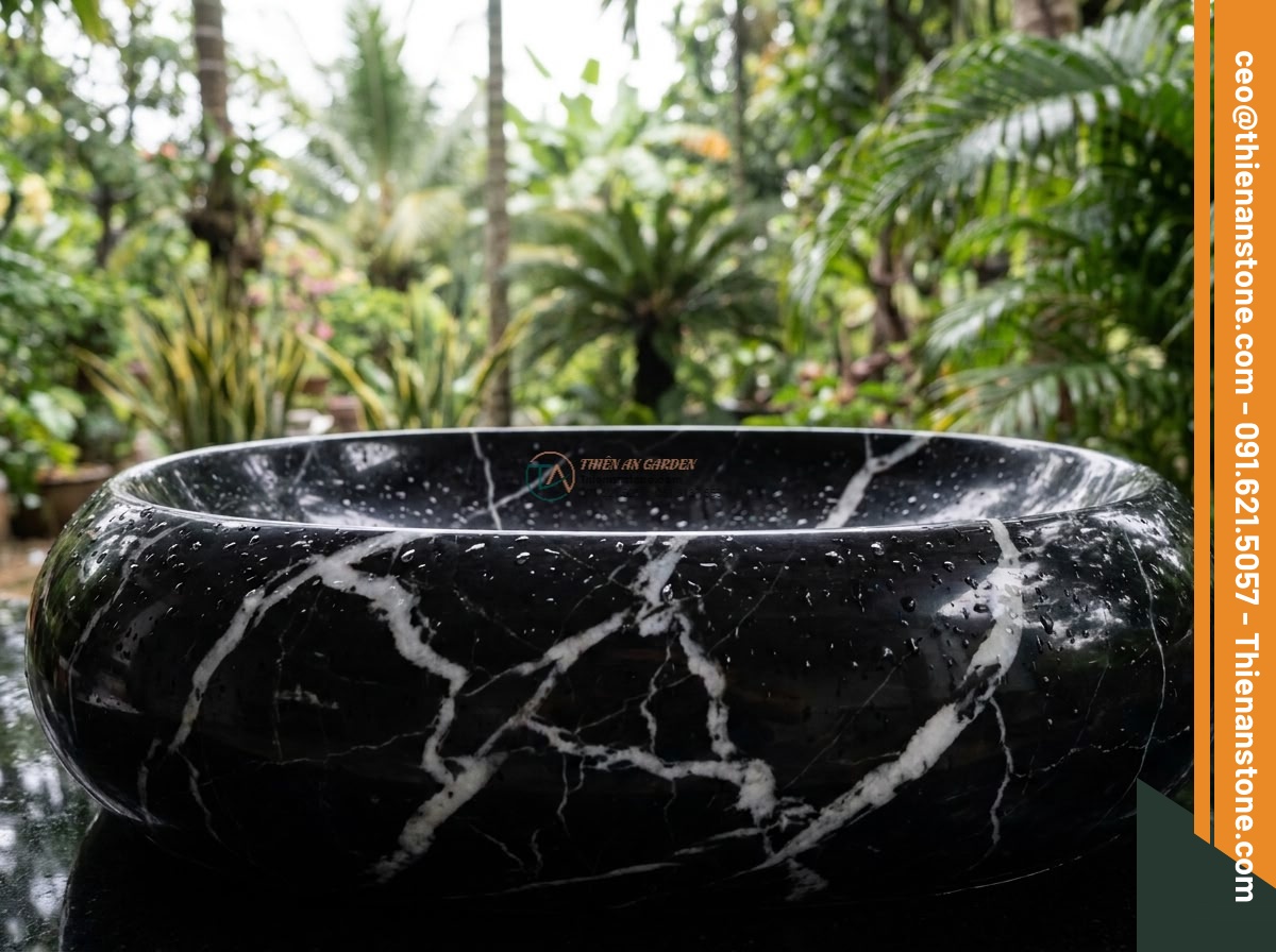 Lavabo đá đen tia chớp Oval dài 48cm (480x380x150mm)