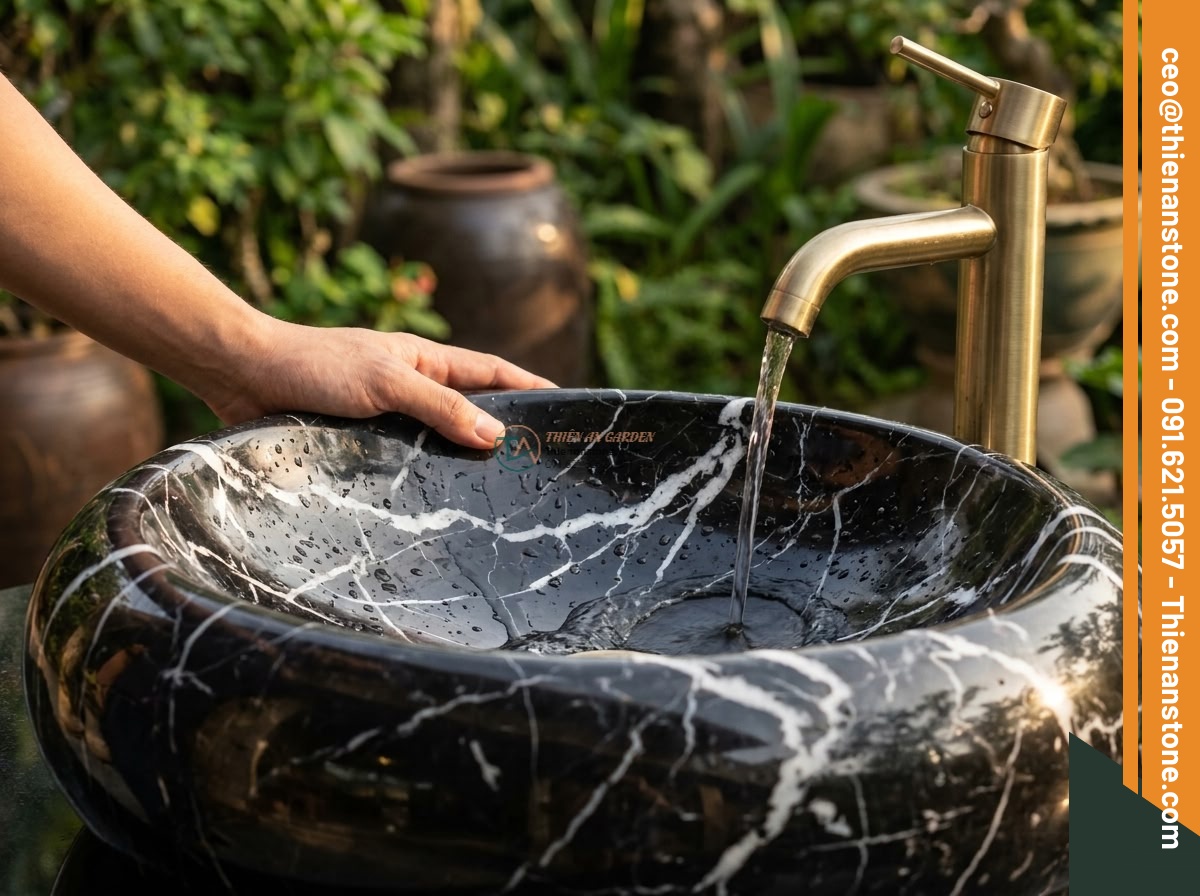 Lavabo đá đen tia chớp Oval dài 48cm (480x380x150mm)