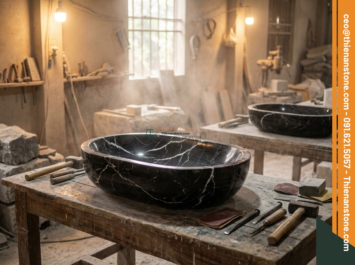 Lavabo đá đen tia chớp Oval dài 48cm (480x380x150mm)