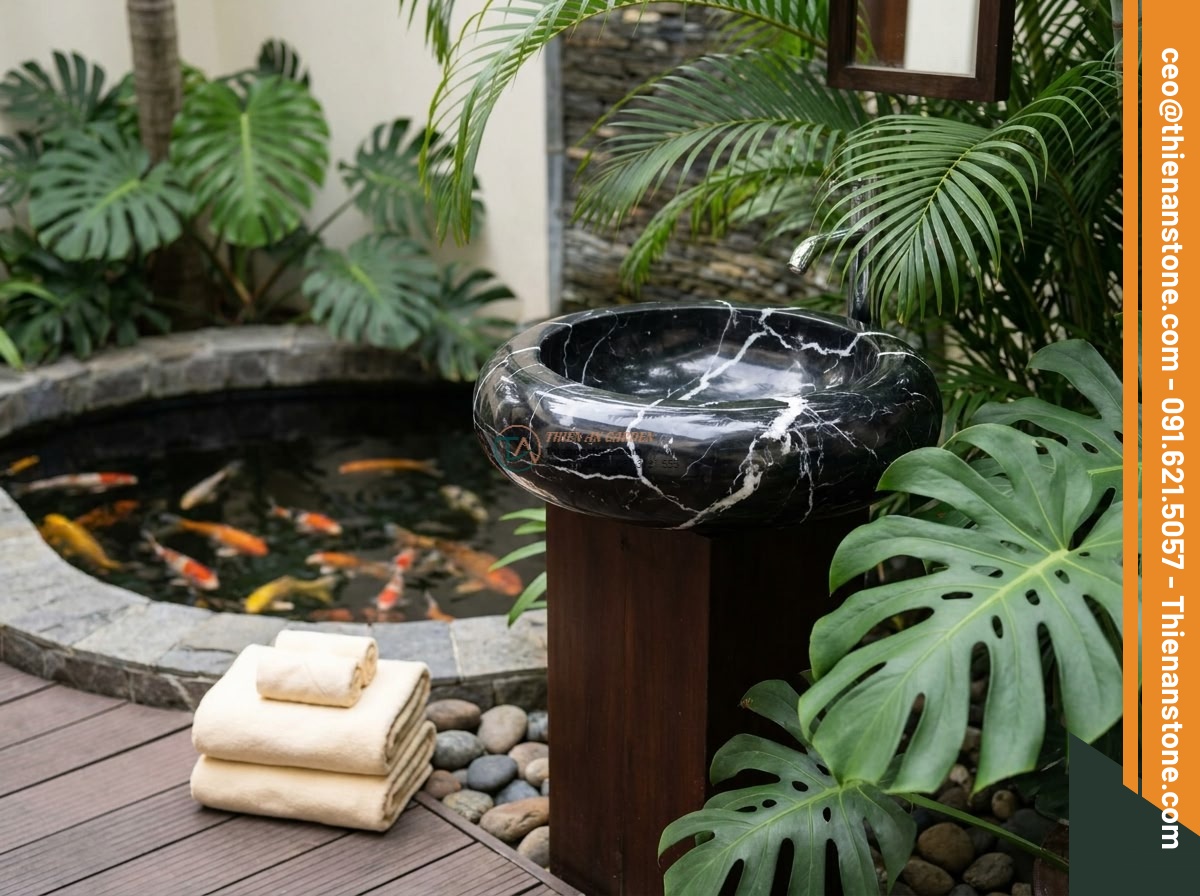 Lavabo đá đen tia chớp tròn 42cm (420x420x150mm) - Hình 13 Lavabo đá đen tia chớp tròn 42cm (420x420x150mm) - Real life application of the round black stone lavabo in a luxury resort outdoor