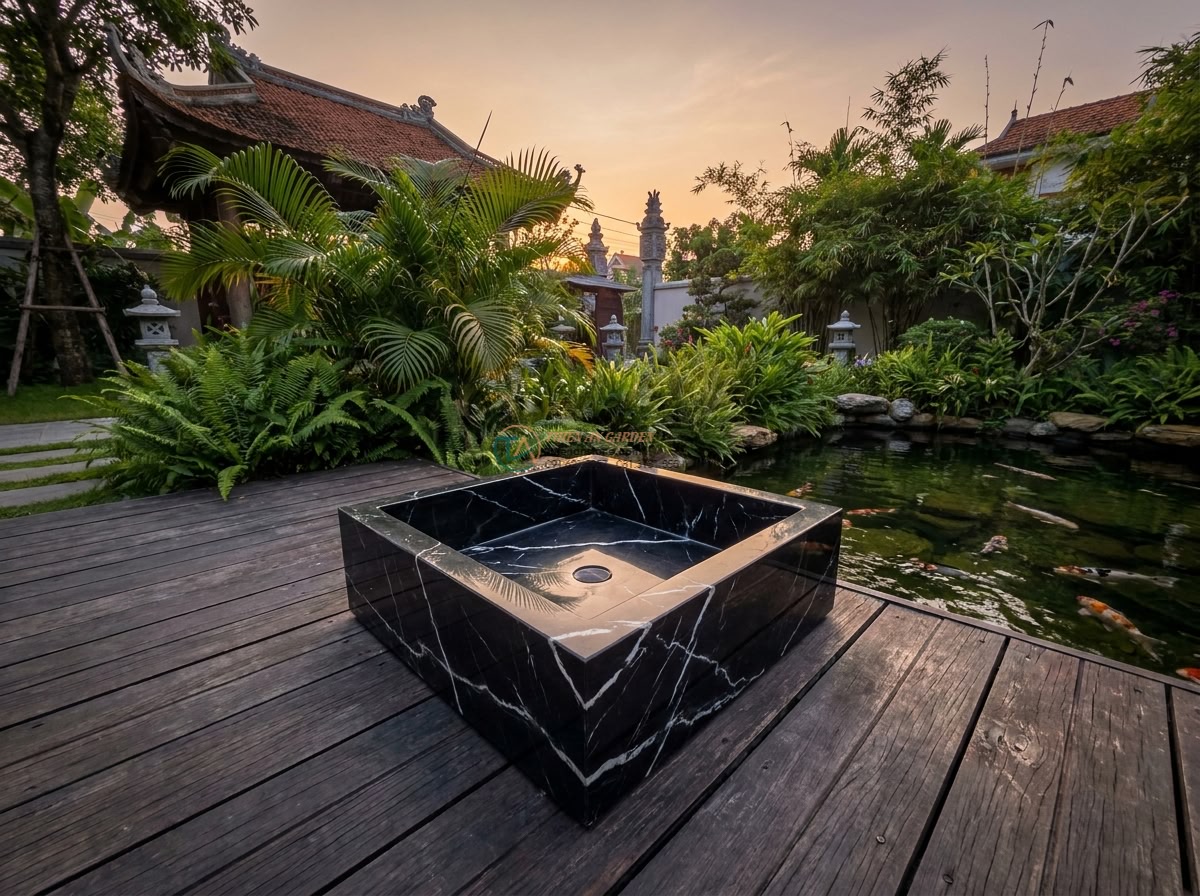 Lavabo đá đen tia chớp vuông 42cm (420x420x150mm) - Cinematic wide angle shot of a luxurious modern villa garden at golden hour, fea
