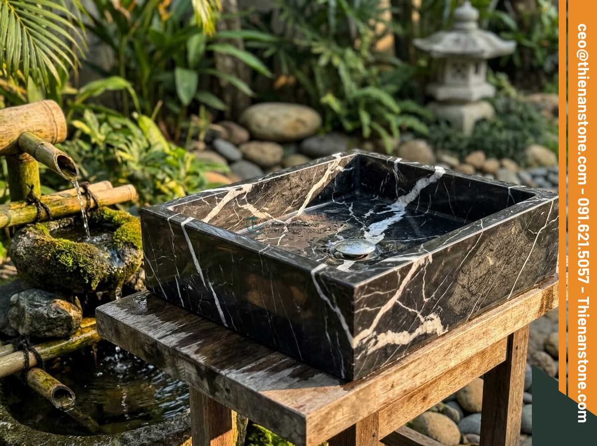 Lavabo đá đen tia chớp vuông 42cm (420x420x150mm) - Hình 4 Lavabo đá đen tia chớp vuông 42cm (420x420x150mm) - Detailed side angle view of the square black stone lavabo with lightning veins,