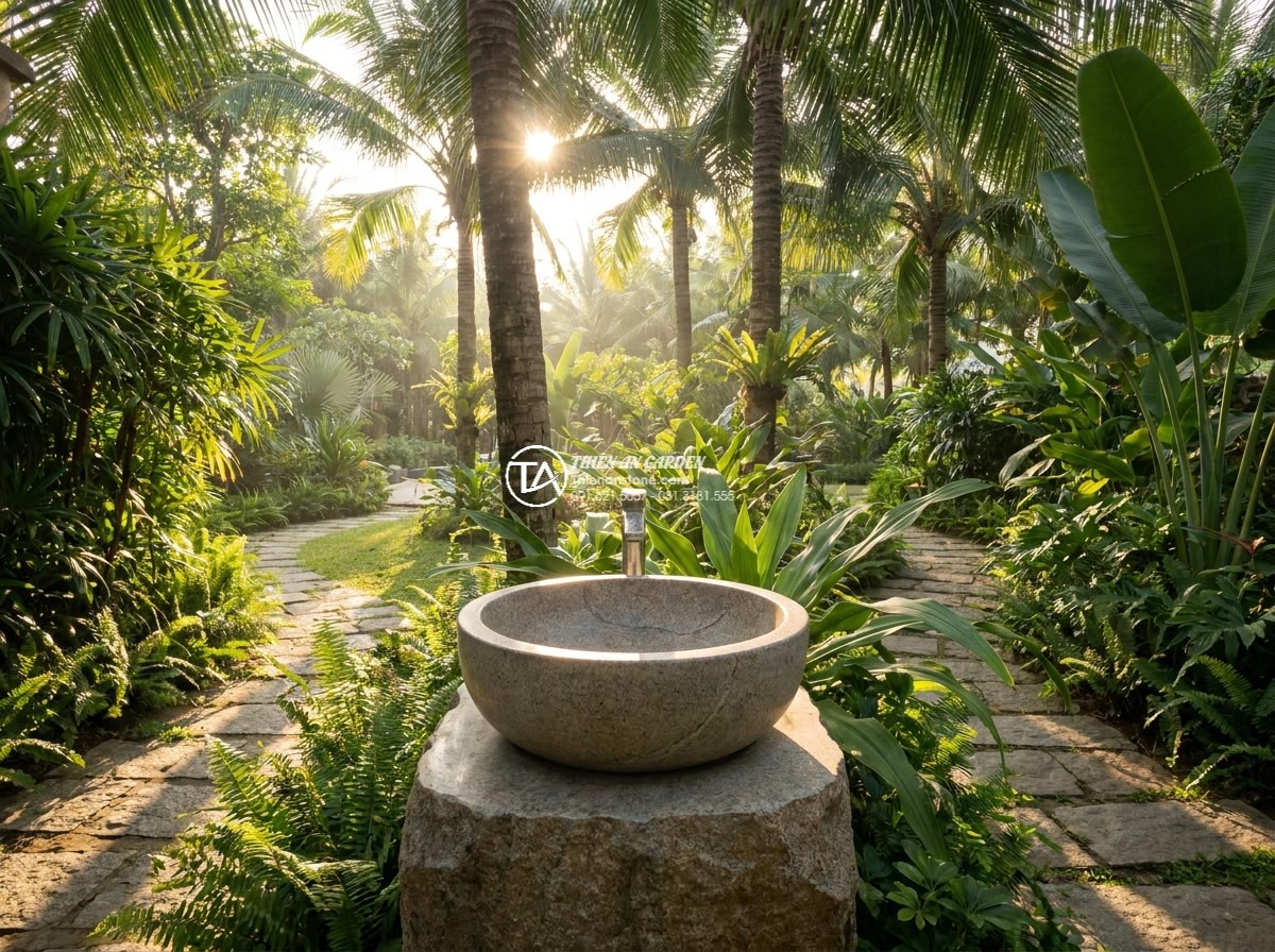Lavabo đá granite tròn 42cm - Wide angle view of a luxurious round 42cm granite stone lavabo placed elegantly