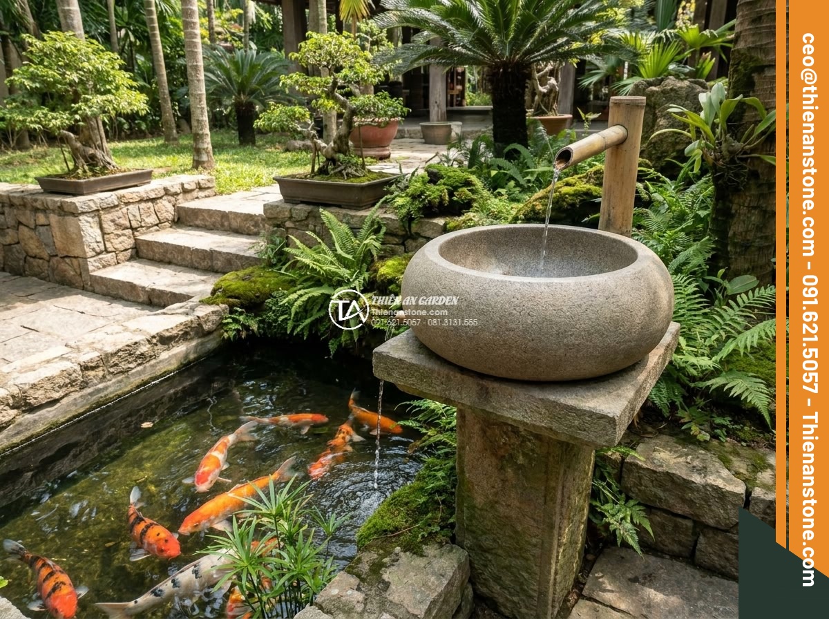 Lavabo đá granite tròn 42cm - Hình 13 Lavabo đá granite tròn 42cm - Round 42cm granite lavabo positioned beside a beautiful Koi pond in a luxury gar