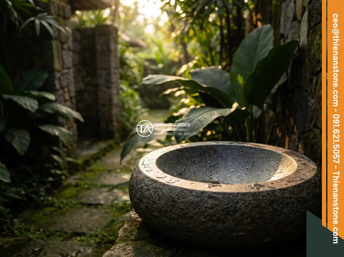 Lavabo đá granite tròn 42cm - Hình 7 Lavabo đá granite tròn 42cm - The 42cm round granite lavabo glowing under warm sunset light in a luxury garden