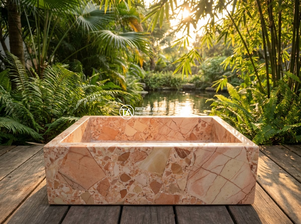 Lavabo đá hồng huyết long chữ nhật 42cm (420x350x140mm) - Photorealistic cinematic wide shot of a luxurious rectangular 42cm pink and red-