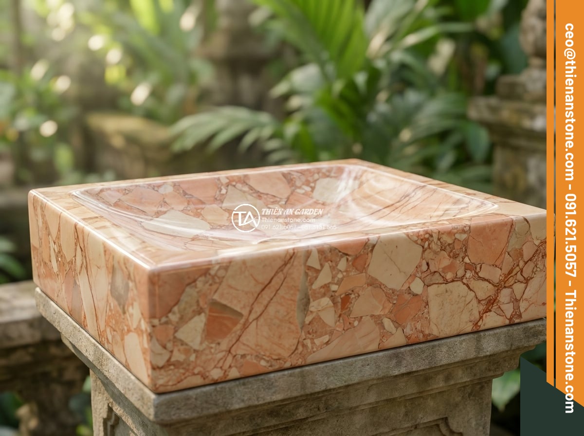 Lavabo đá hồng huyết long chữ nhật 42cm (420x350x140mm) - Hình 2 Lavabo đá hồng huyết long chữ nhật 42cm (420x350x140mm) - Detailed close-up photorealistic view of the rectangular 420x350x140mm pink hong