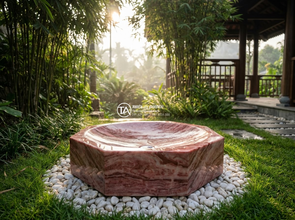 Lavabo đá hồng huyết long đa giác (400x400x150mm)