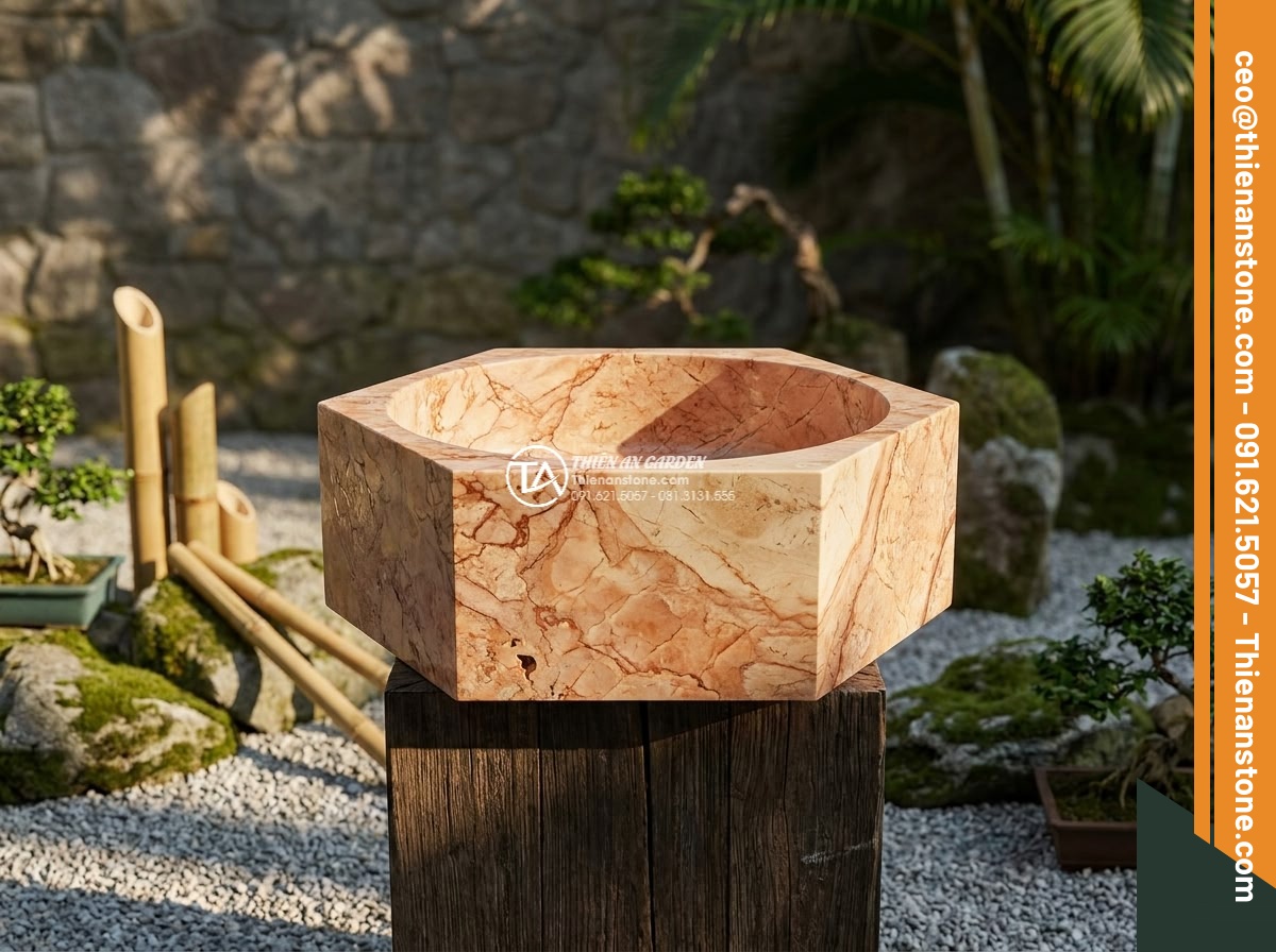 Lavabo đá hồng huyết long đa giác (400x400x150mm) - Hình 10 Lavabo đá hồng huyết long đa giác (400x400x150mm) - Artistic composition of hexagonal pink blood dragon stone lavabo displayed as sc