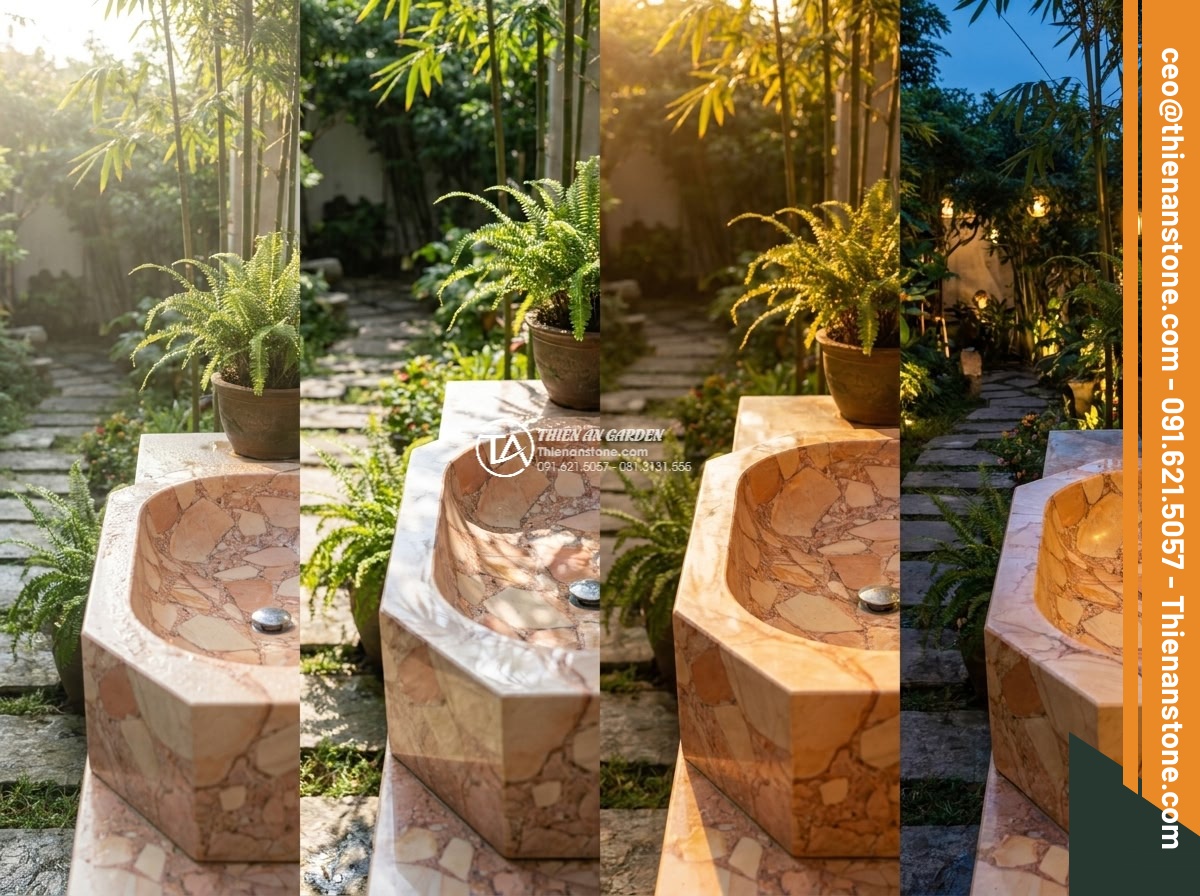 Lavabo đá hồng huyết long đa giác (400x400x150mm) - Hình 11 Lavabo đá hồng huyết long đa giác (400x400x150mm) - Time lapse style composite showing hexagonal pink blood dragon stone lavabo at d