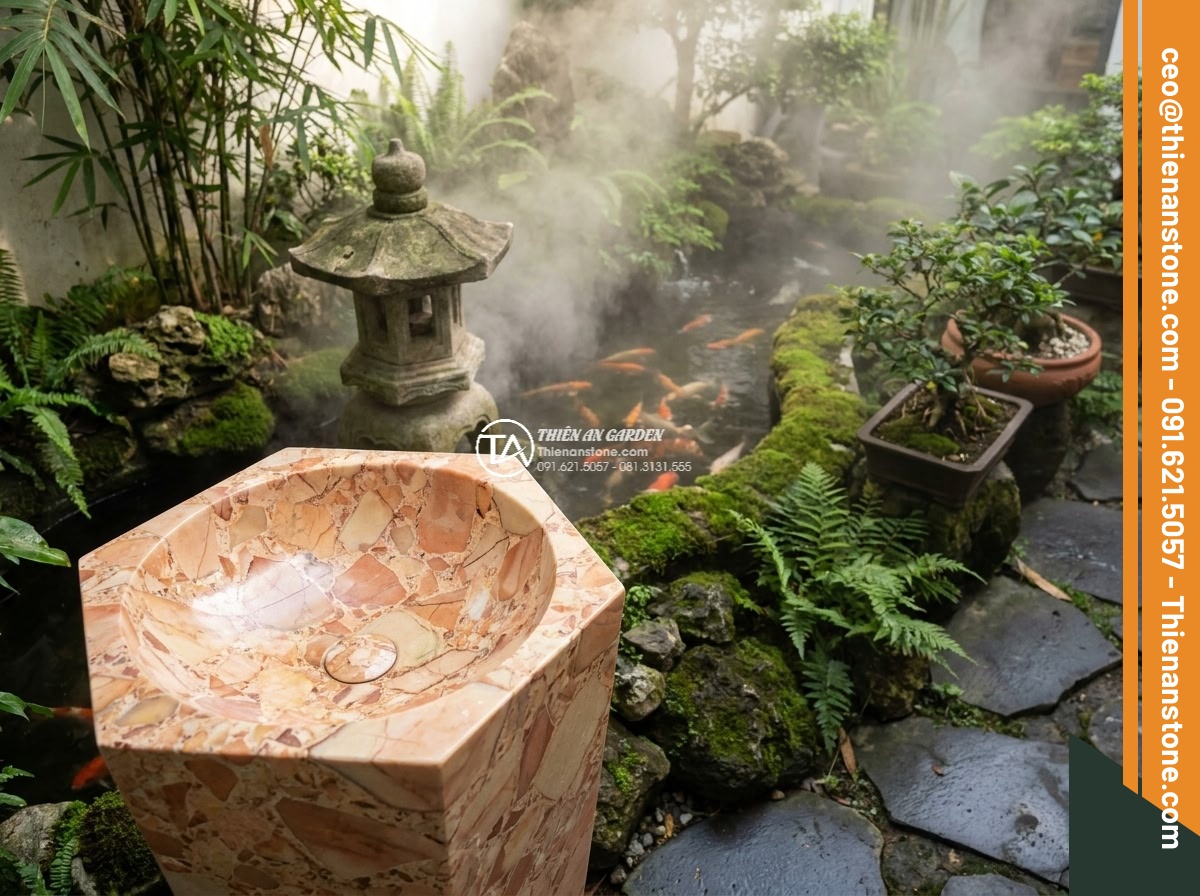 Lavabo đá hồng huyết long đa giác (400x400x150mm) - Hình 13 Lavabo đá hồng huyết long đa giác (400x400x150mm) - Serene garden scene with hexagonal pink blood dragon stone lavabo positioned acc