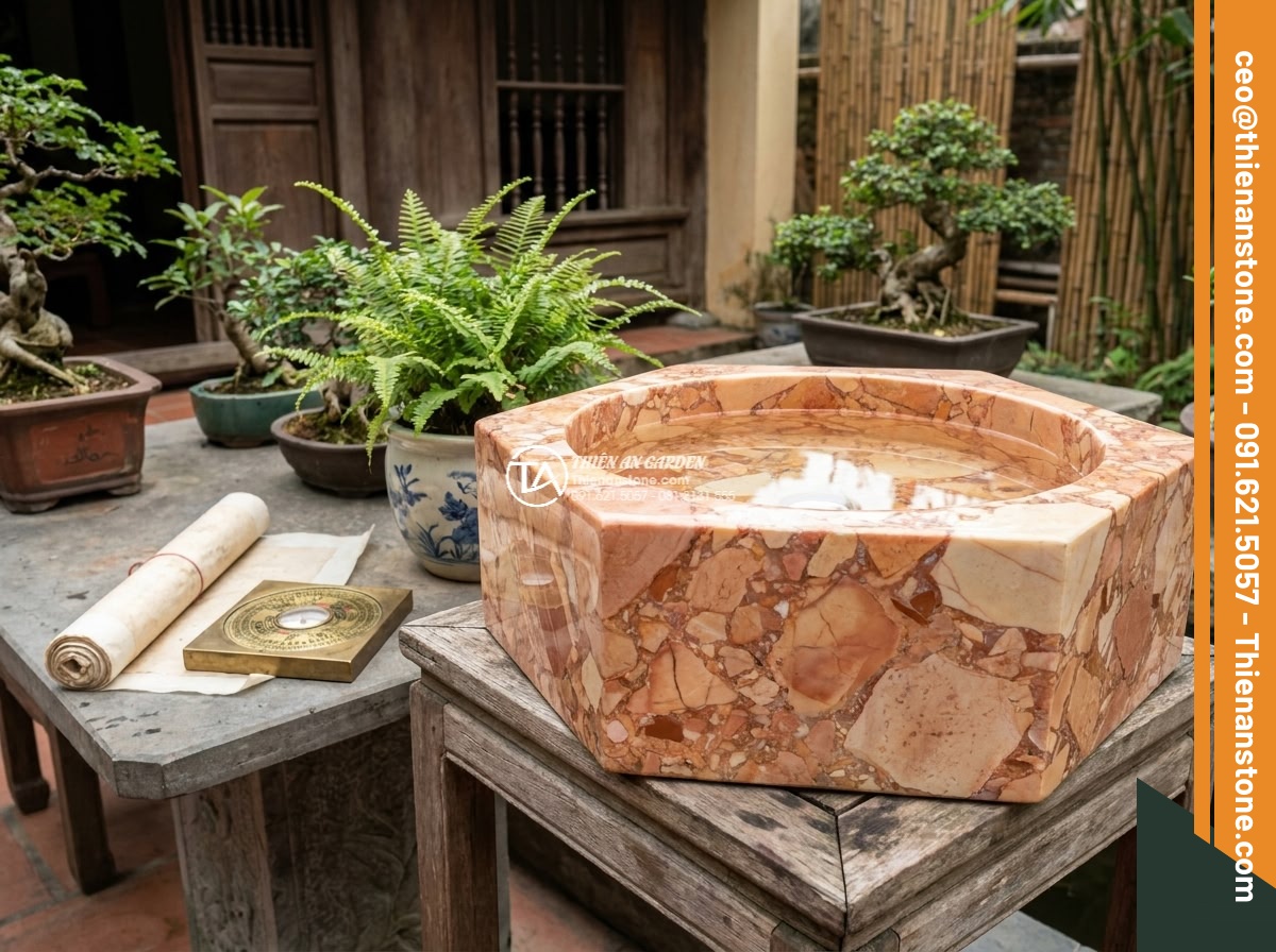 Lavabo đá hồng huyết long đa giác (400x400x150mm) - Hình 14 Lavabo đá hồng huyết long đa giác (400x400x150mm) - Professional feng shui consultation scene showing hexagonal pink blood dragon st