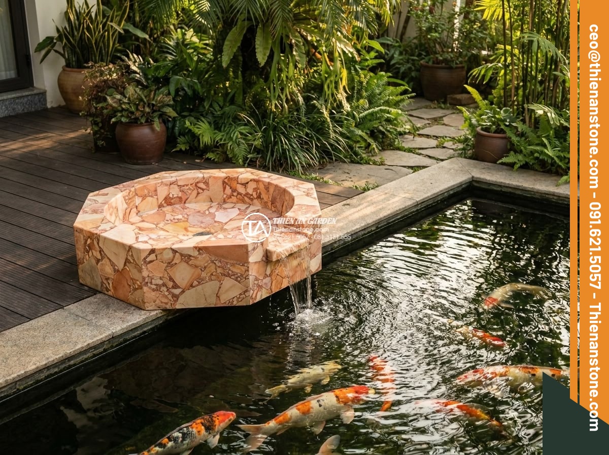 Lavabo đá hồng huyết long đa giác (400x400x150mm) - Hình 15 Lavabo đá hồng huyết long đa giác (400x400x150mm) - Beautiful integration of hexagonal pink blood dragon stone lavabo with koi pond