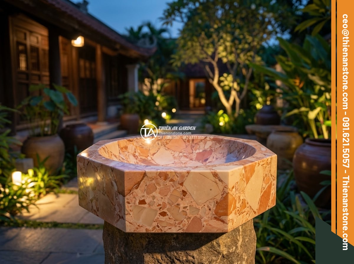 Lavabo đá hồng huyết long đa giác (400x400x150mm) - Hình 19 Lavabo đá hồng huyết long đa giác (400x400x150mm) - Final elegant shot of hexagonal pink blood dragon stone lavabo 400x400x150mm as