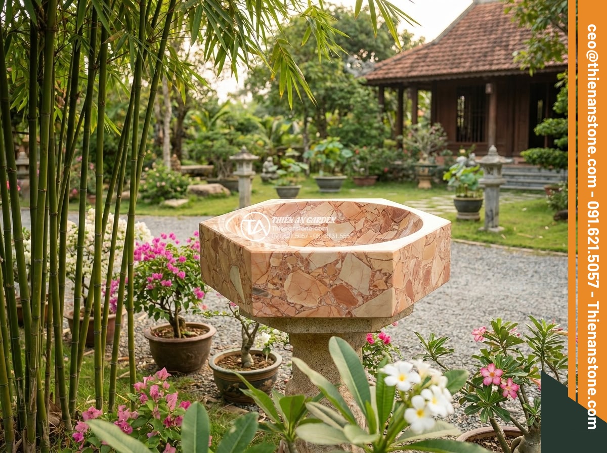 Lavabo đá hồng huyết long đa giác (400x400x150mm) - Hình 3 Lavabo đá hồng huyết long đa giác (400x400x150mm) - Wide cinematic shot from distance showing hexagonal pink blood dragon stone lava