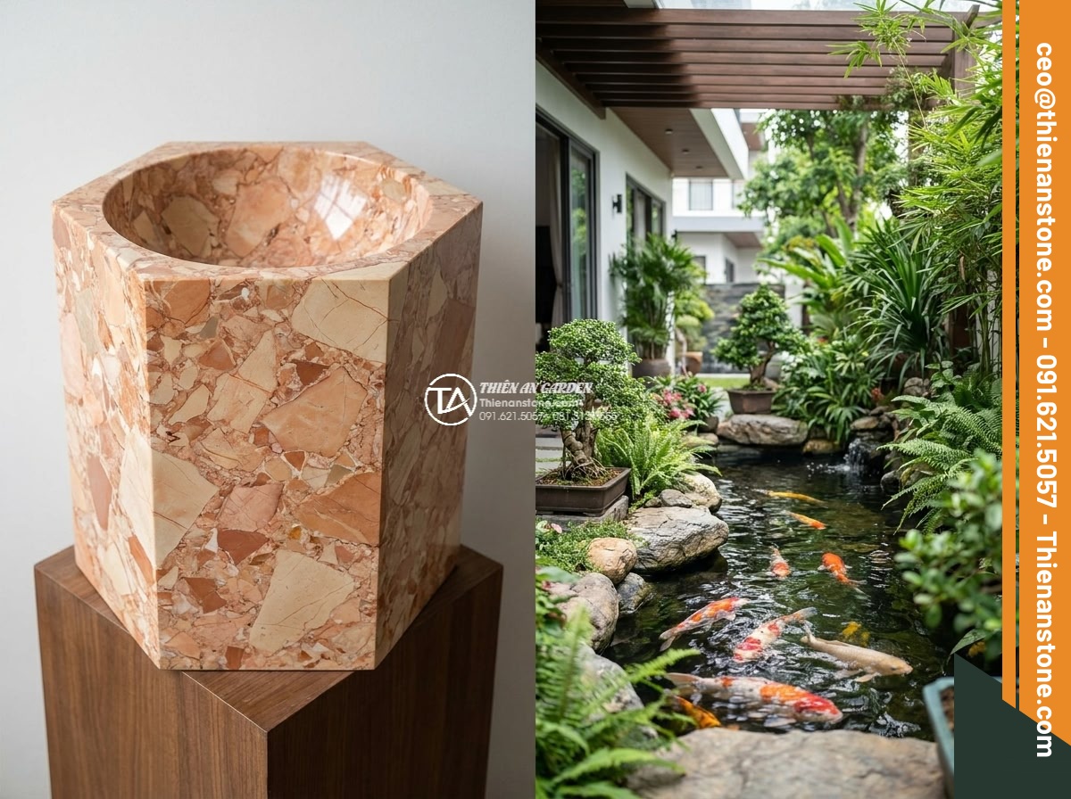 Lavabo đá hồng huyết long đa giác (400x400x150mm) - Hình 4 Lavabo đá hồng huyết long đa giác (400x400x150mm) - Comparison style image showing hexagonal pink blood dragon stone lavabo next to