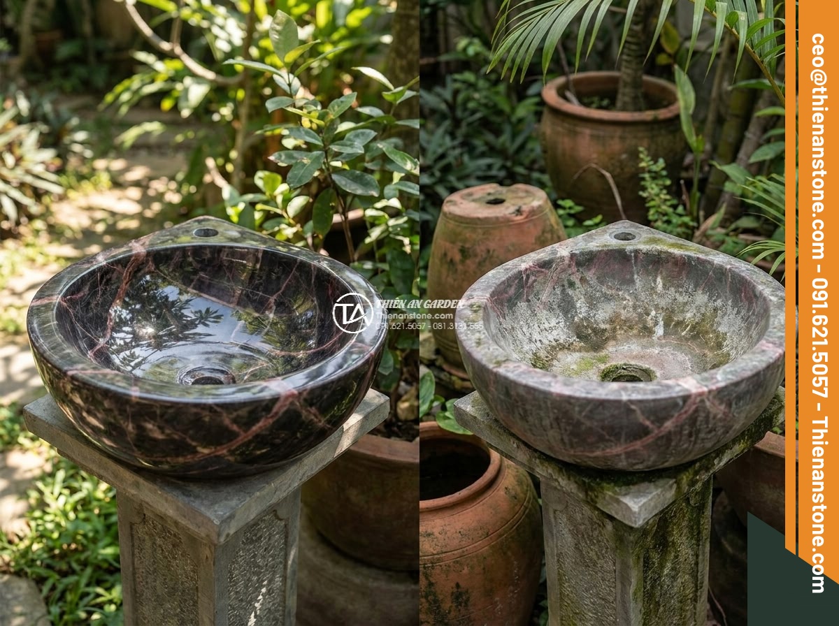 Lavabo đá hồng huyết long góc (400x400x150mm)