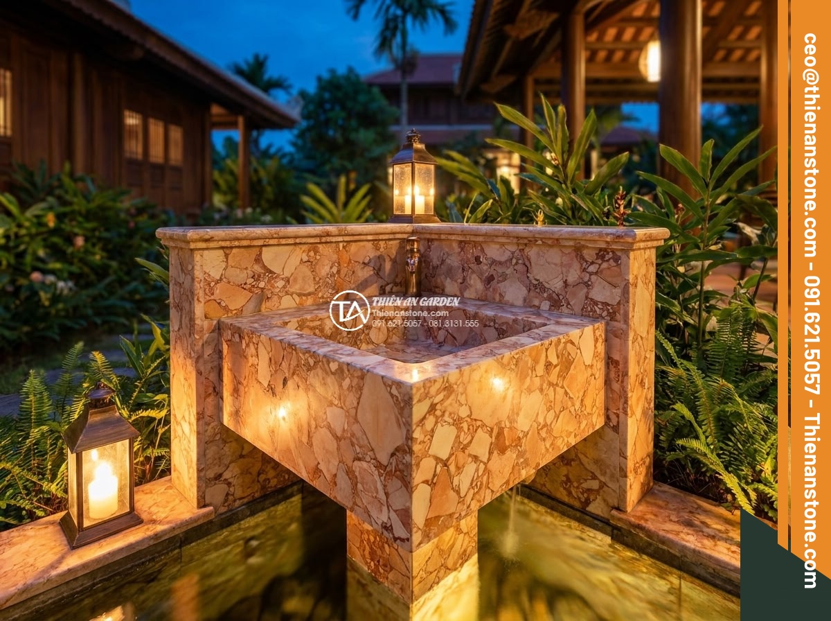 Lavabo đá hồng huyết long góc (400x400x150mm)