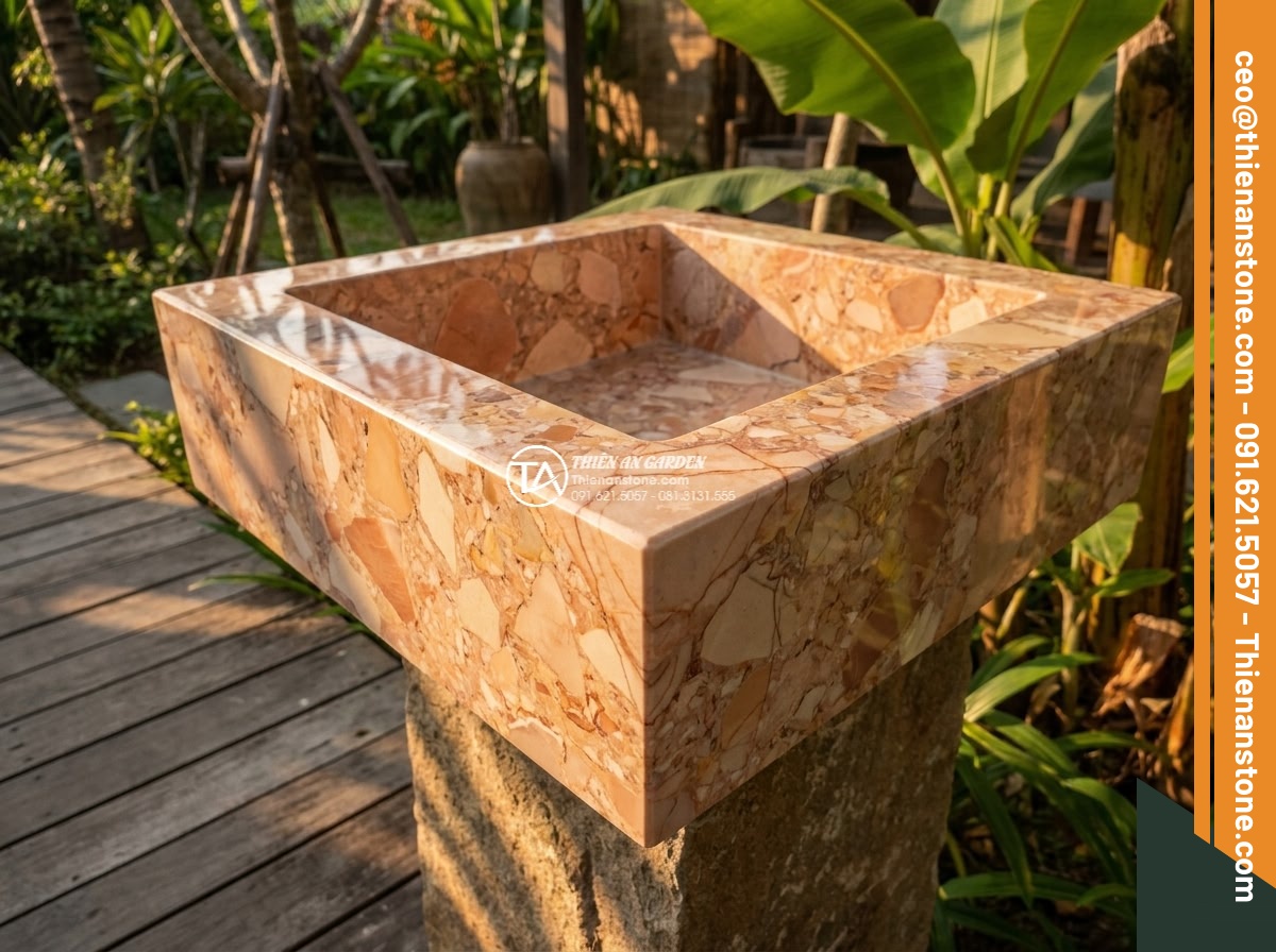 Lavabo đá hồng huyết long góc (400x400x150mm)