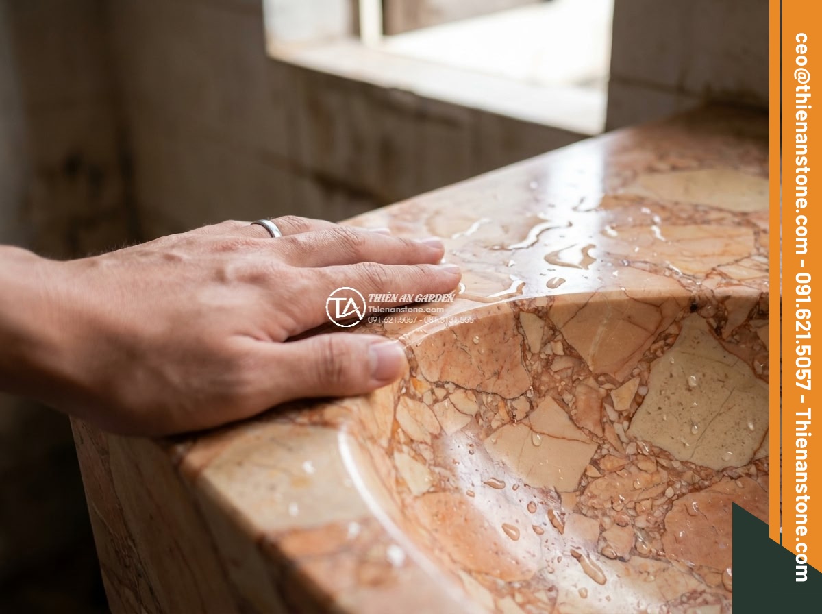 Lavabo đá hồng huyết long góc (400x400x150mm)