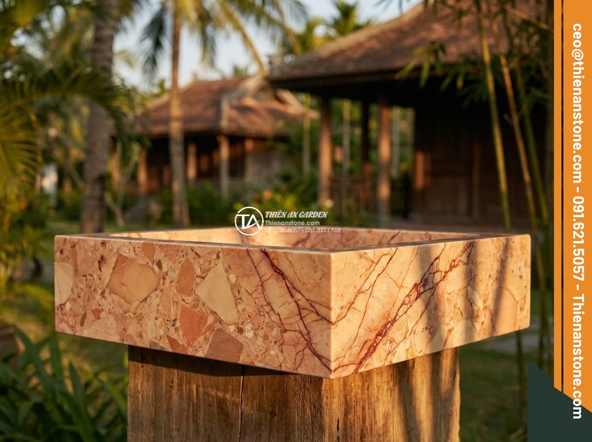 Lavabo đá hồng huyết long góc (400x400x150mm)