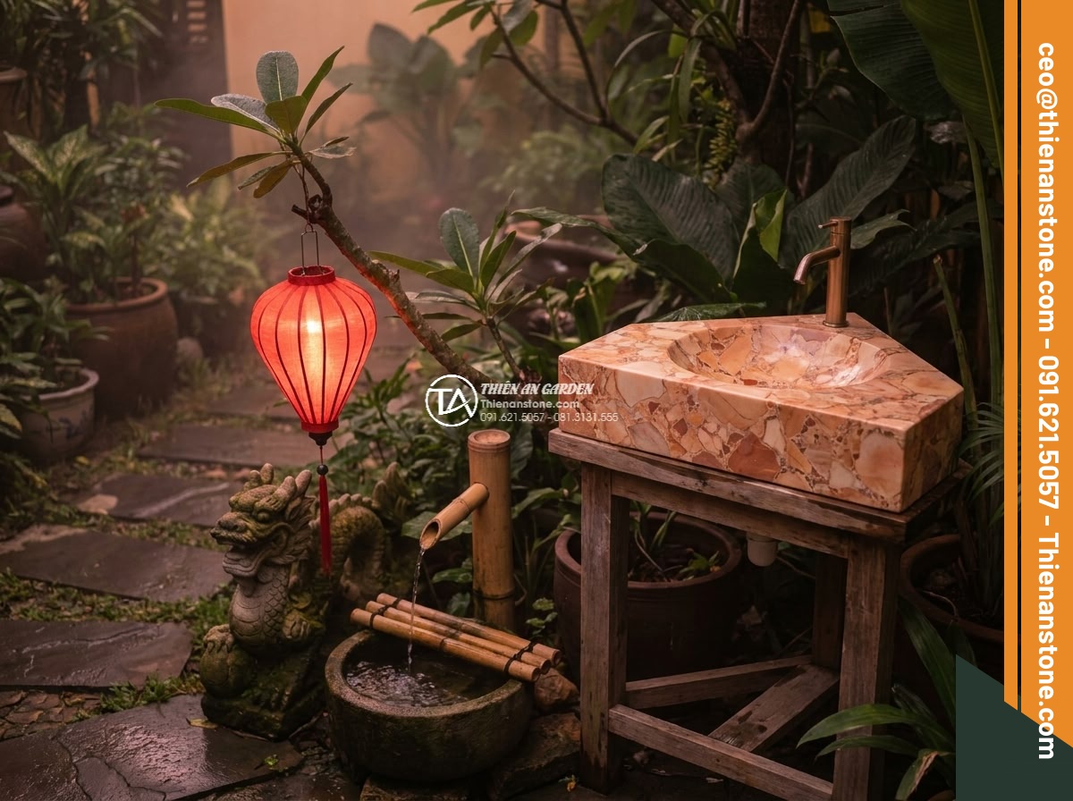 Lavabo đá hồng huyết long góc (400x400x150mm)