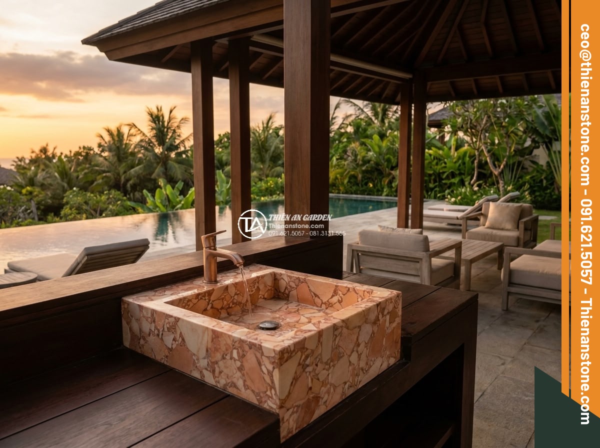 Lavabo đá hồng huyết long góc (400x400x150mm)