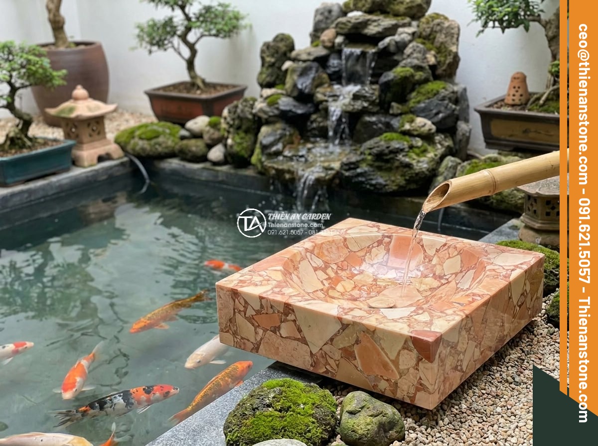 Lavabo đá hồng huyết long góc (400x400x150mm)