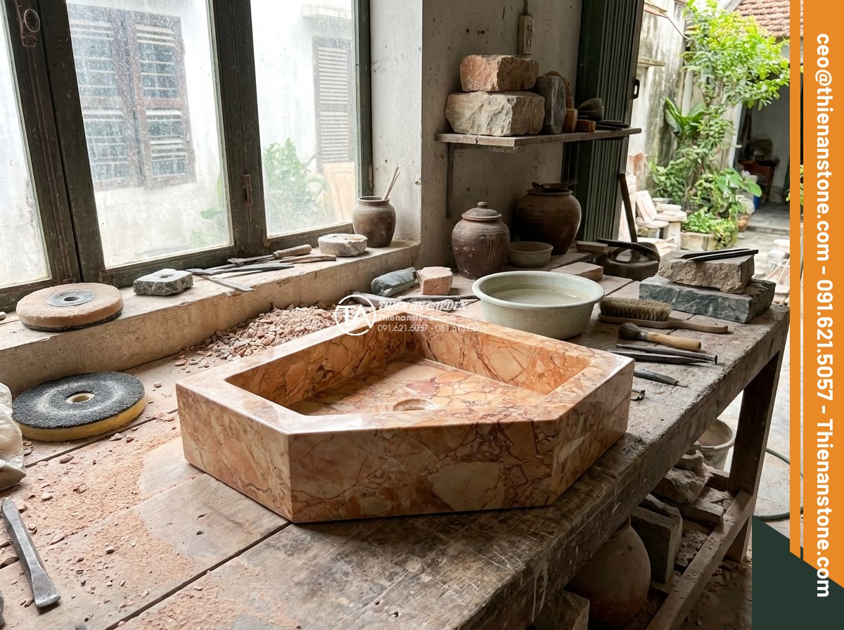 Lavabo đá hồng huyết long góc (400x400x150mm)