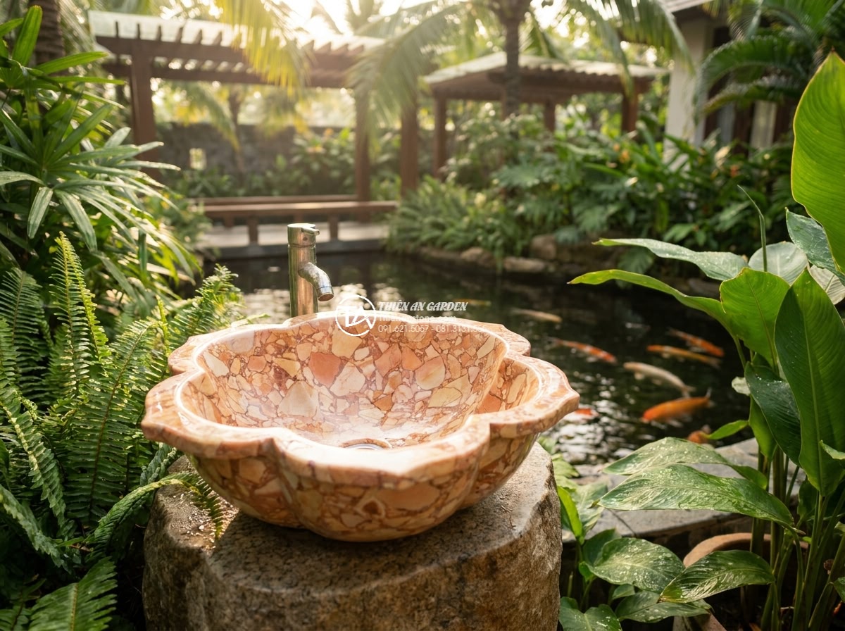 Lavabo đá hồng huyết long hình bông hoa (400x400x150mm) - Photorealistic cinematic image of a premium natural stone flower-shaped bathroom