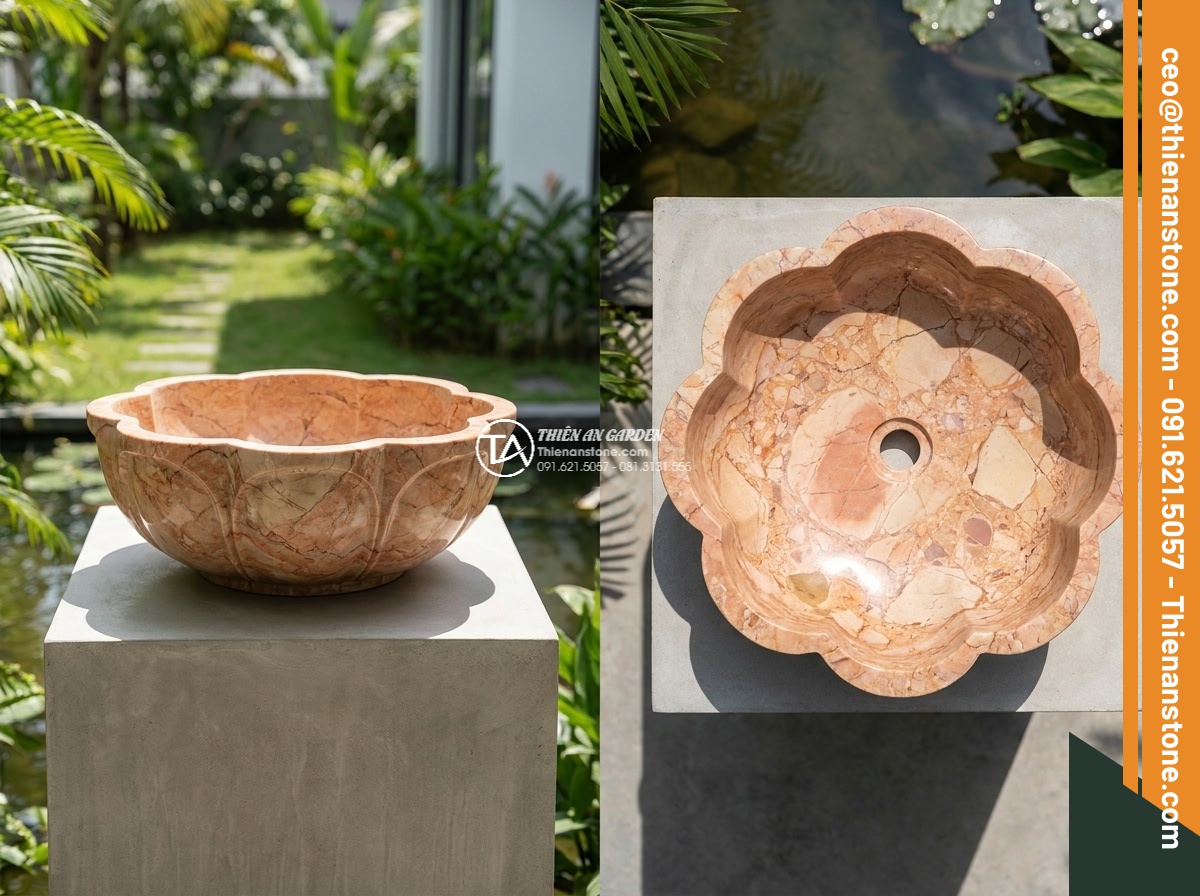 Lavabo đá hồng huyết long hình bông hoa (400x400x150mm)