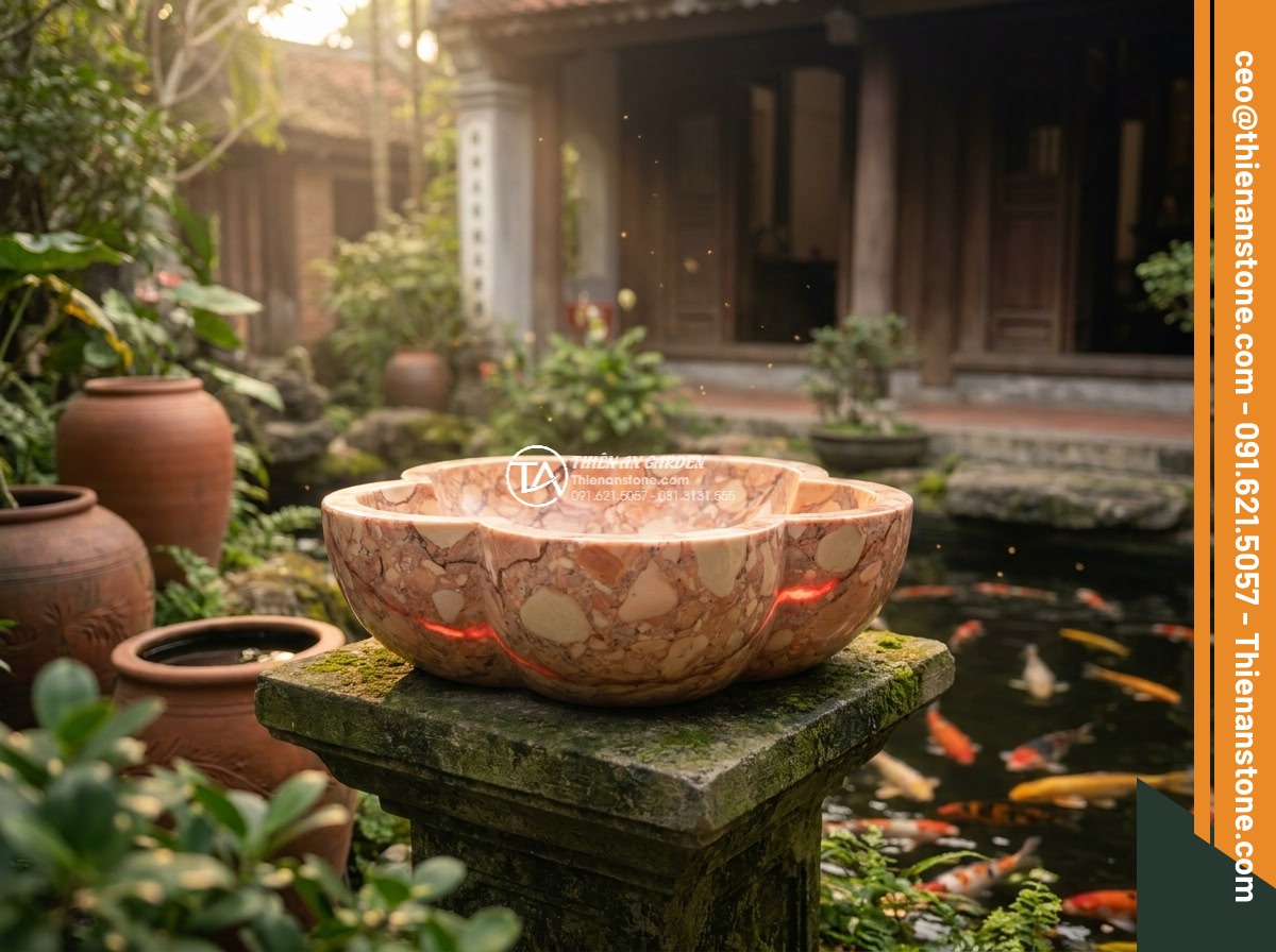 Lavabo đá hồng huyết long hình bông hoa (400x400x150mm)